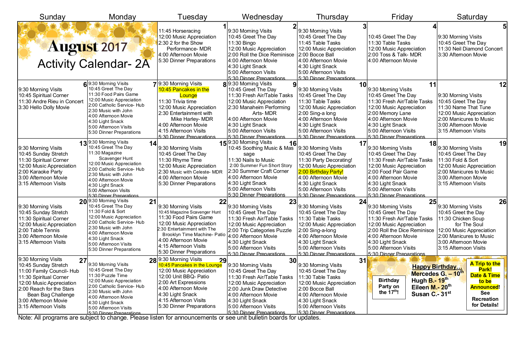 August Activity Calendar (Dementia Unit A2) Apex