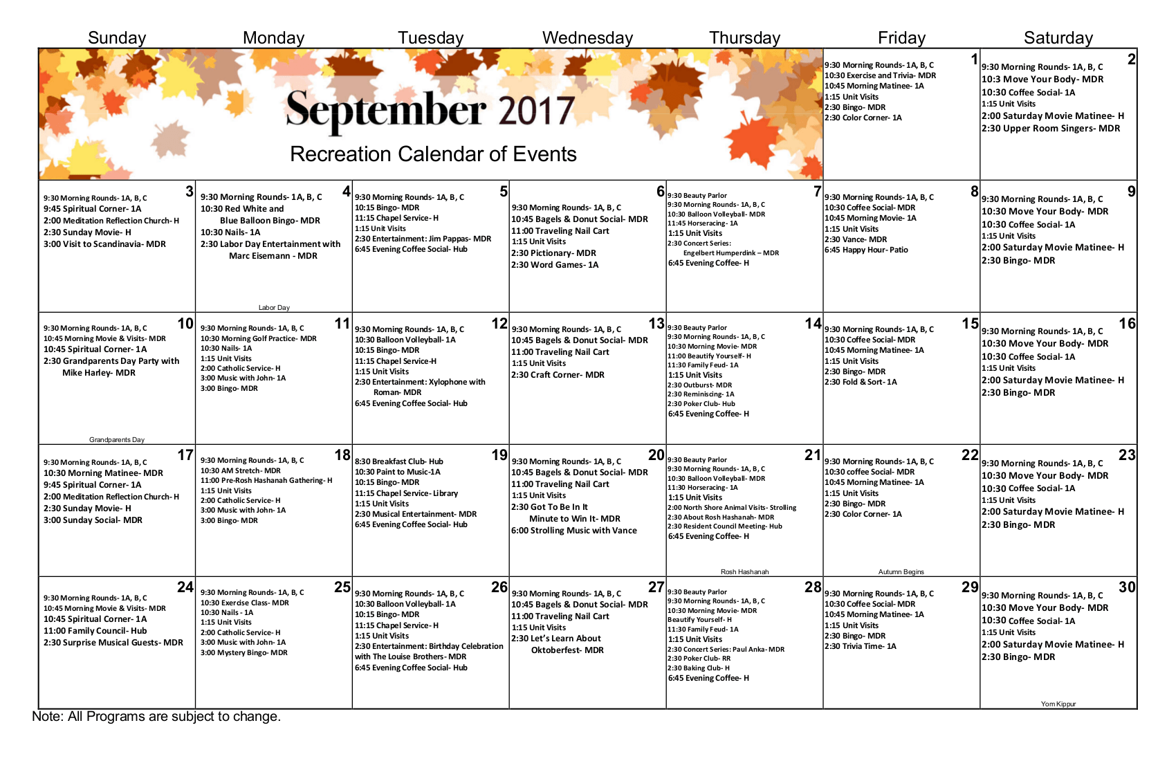 September Recreation Activity Calendar Apex