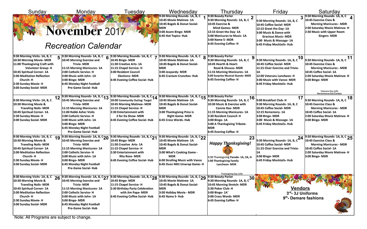 November Recreation Calendar – Apex